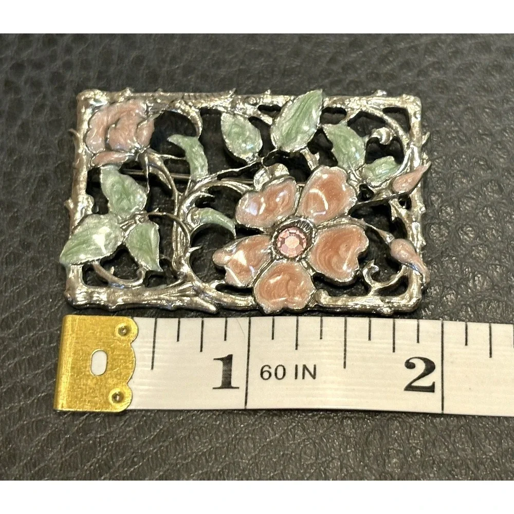 1928 Victorian Revival Rhinestone Enamel Brooch Pin Silver Tone Pink Flower